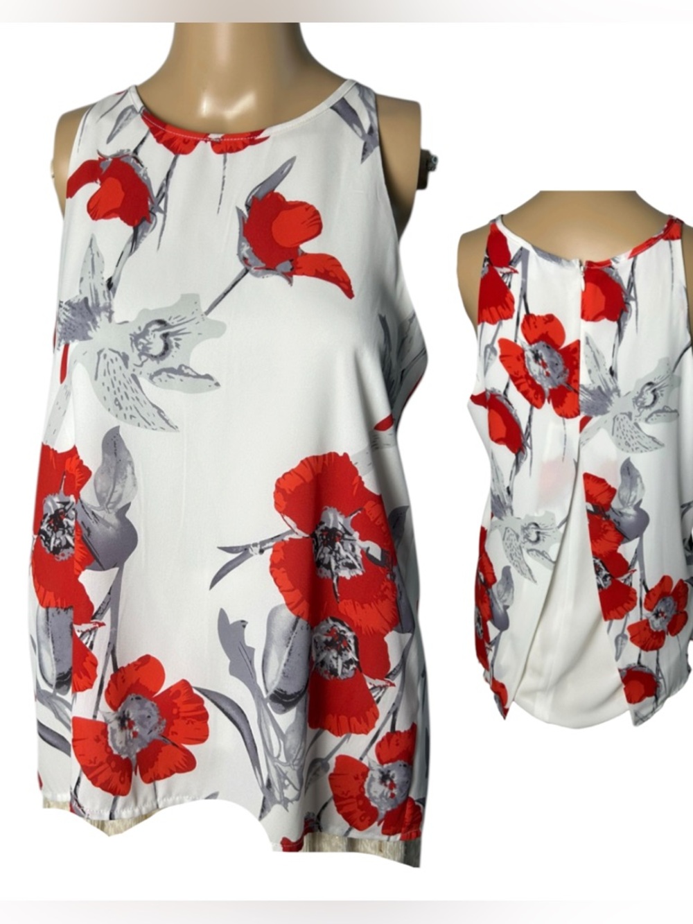 Katherine Barclay White Tank blouse with Red Floral Print,lined,open back XS EC